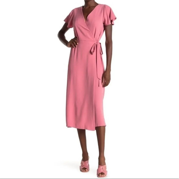 Bobeau Pink Flutter Wrap Midi Dress - Picture 1 of 14